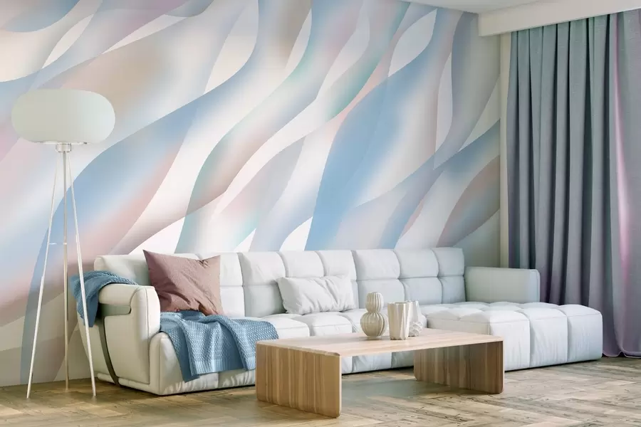 Papier peint Vagues abstraites dans des tons de bleu, de rose et de beige sur fond blanc w05758v1