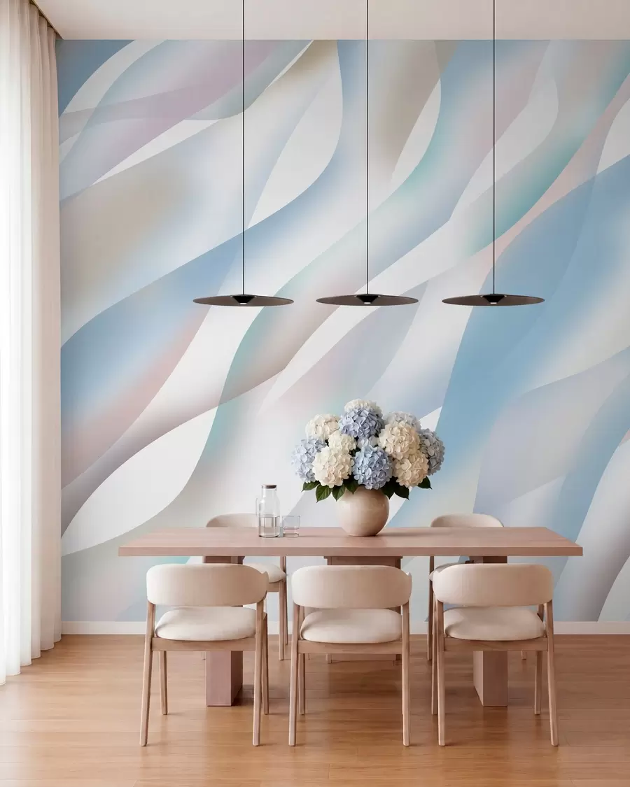 Papier peint Vagues abstraites dans des tons de bleu, de rose et de beige sur fond blanc w05758v1