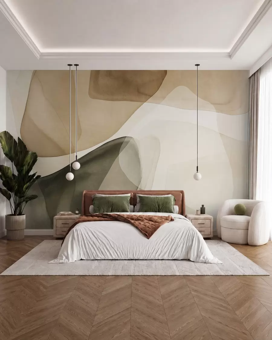 Papier peint Formes abstraites dans des nuances de beige et de vert, effet de couches texturées et translucides w10022