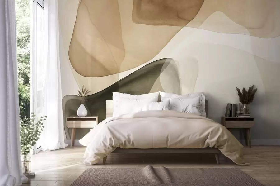 Papier peint Formes abstraites dans des nuances de beige et de vert, effet de couches texturées et translucides w10022