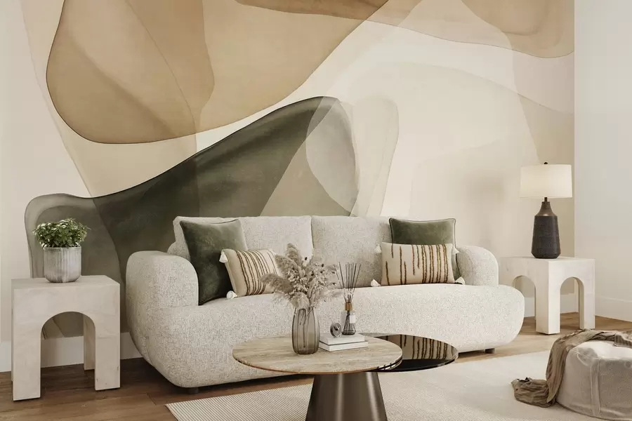 Papier peint Formes abstraites dans des nuances de beige et de vert, effet de couches texturées et translucides w10022
