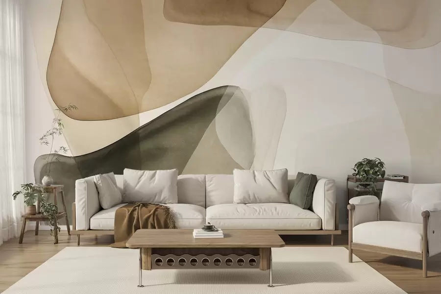Papier peint Formes abstraites dans des nuances de beige et de vert, effet de couches texturées et translucides w10022