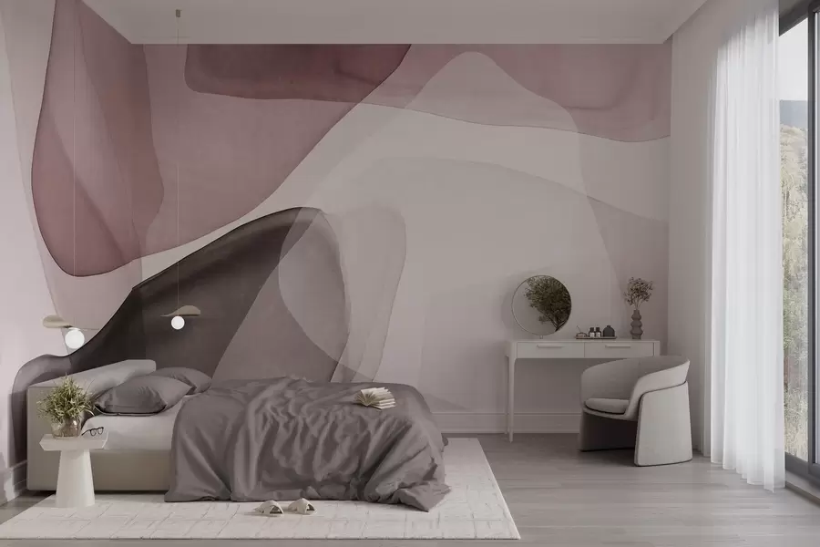 Papier peint Formes abstraites dans des nuances de rose et de marron foncé, effet de couches texturées et translucides w10022v1