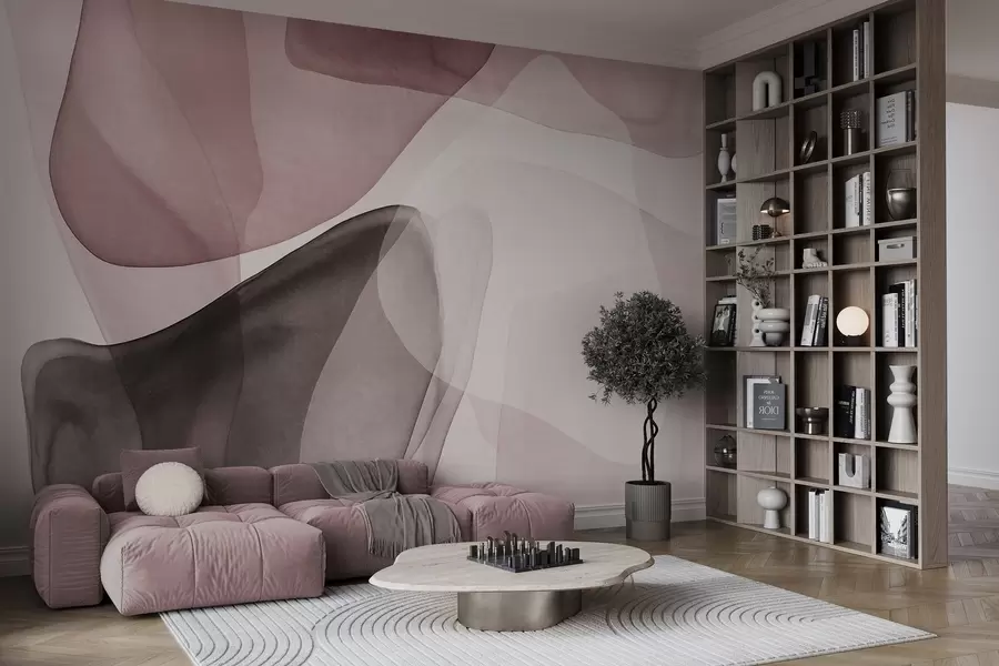 Papier peint Formes abstraites dans des nuances de rose et de marron foncé, effet de couches texturées et translucides w10022v1
