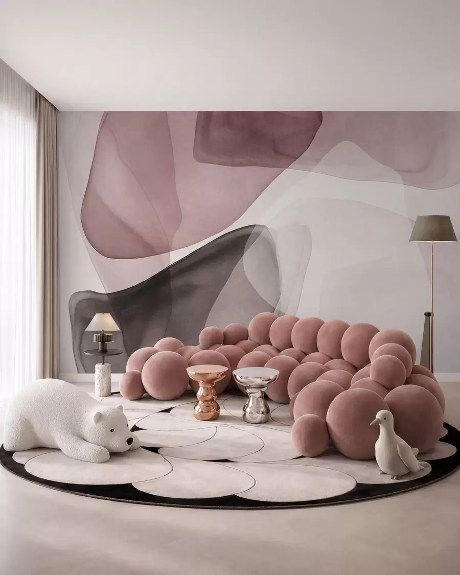 Papier peint Formes abstraites dans des nuances de rose et de marron foncé, effet de couches texturées et translucides w10022v1