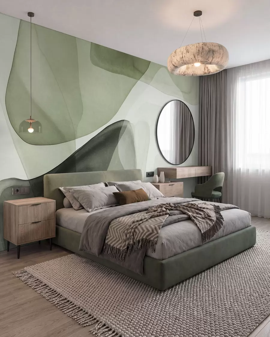 Papier peint Formes abstraites dans des nuances de vert, effet de couches texturées et translucides w10022v2
