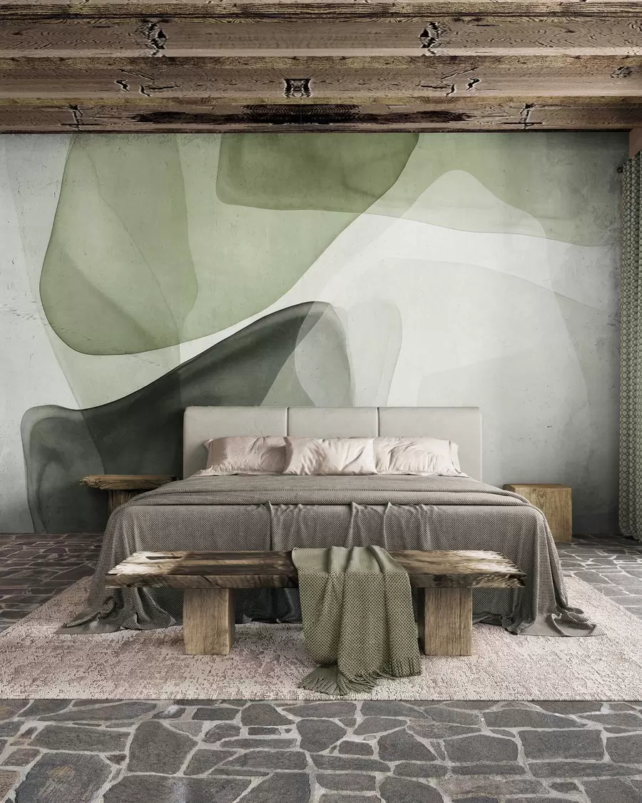 Papier peint Formes abstraites dans des nuances de vert, effet de couches texturées et translucides w10022v2