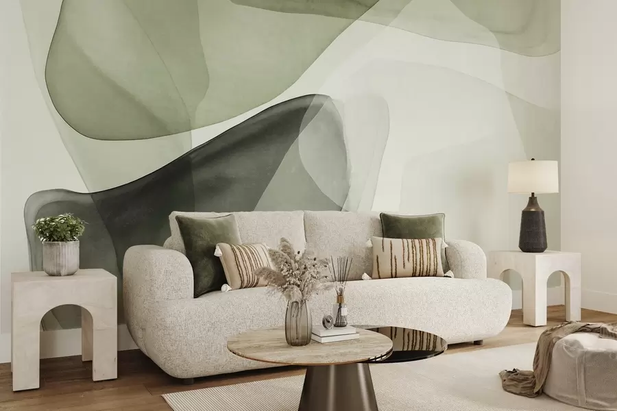 Papier peint Formes abstraites dans des nuances de vert, effet de couches texturées et translucides w10022v2