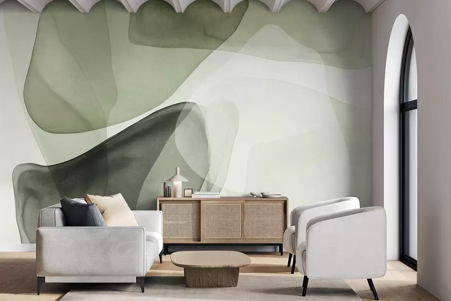 Papier peint Formes abstraites dans des nuances de vert, effet de couches texturées et translucides w10022v2