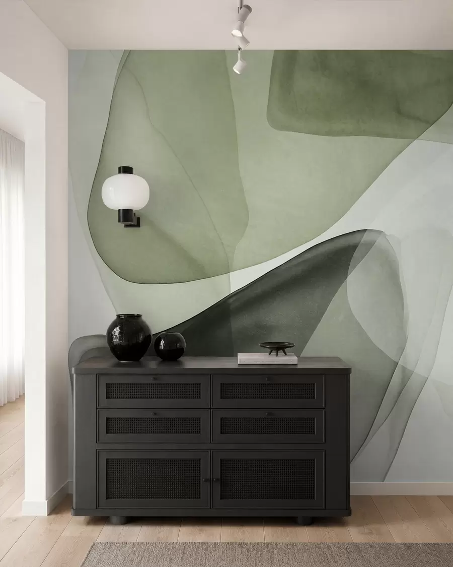 Papier peint Formes abstraites dans des nuances de vert, effet de couches texturées et translucides w10022v2