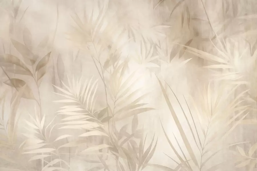 Papier peint Feuilles de palmier dans des tons beiges et crème discrets, sur un fond doux, jungle tropicale w10023