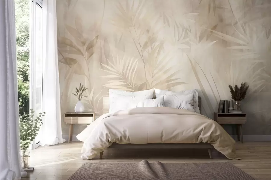Papier peint Feuilles de palmier dans des tons beiges et crème discrets, sur un fond doux, jungle tropicale w10023