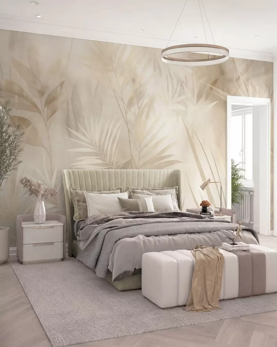 Papier peint Feuilles de palmier dans des tons beiges et crème discrets, sur un fond doux, jungle tropicale w10023