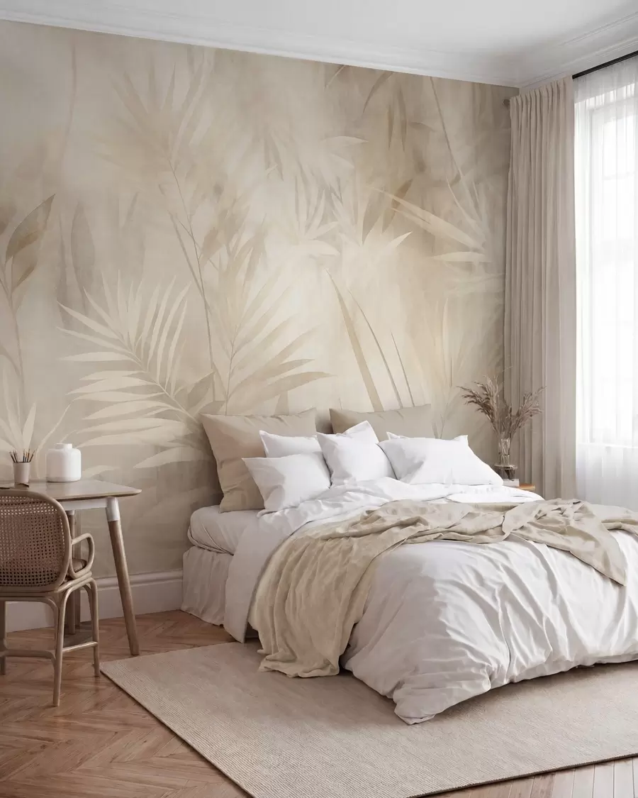 Papier peint Feuilles de palmier dans des tons beiges et crème discrets, sur un fond doux, jungle tropicale w10023