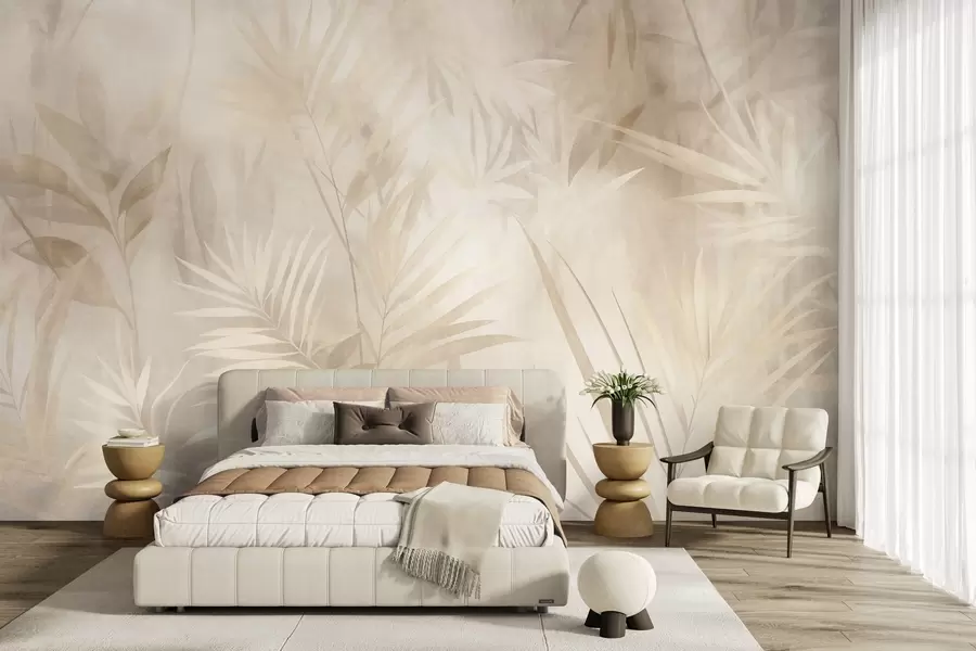 Papier peint Feuilles de palmier dans des tons beiges et crème discrets, sur un fond doux, jungle tropicale w10023