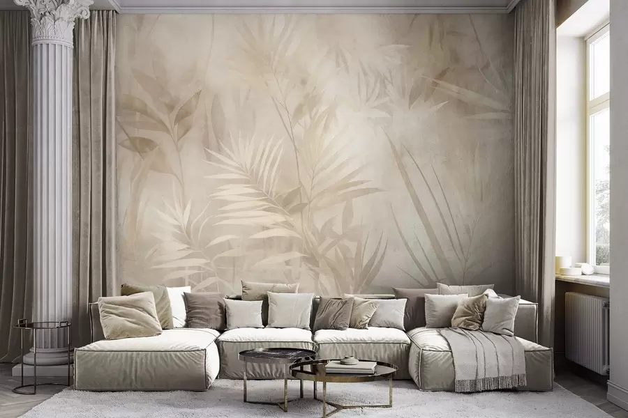 Papier peint Feuilles de palmier dans des tons beiges et crème discrets, sur un fond doux, jungle tropicale w10023