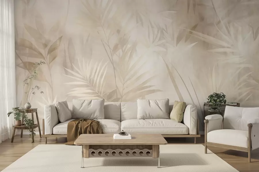 Papier peint Feuilles de palmier dans des tons beiges et crème discrets, sur un fond doux, jungle tropicale w10023
