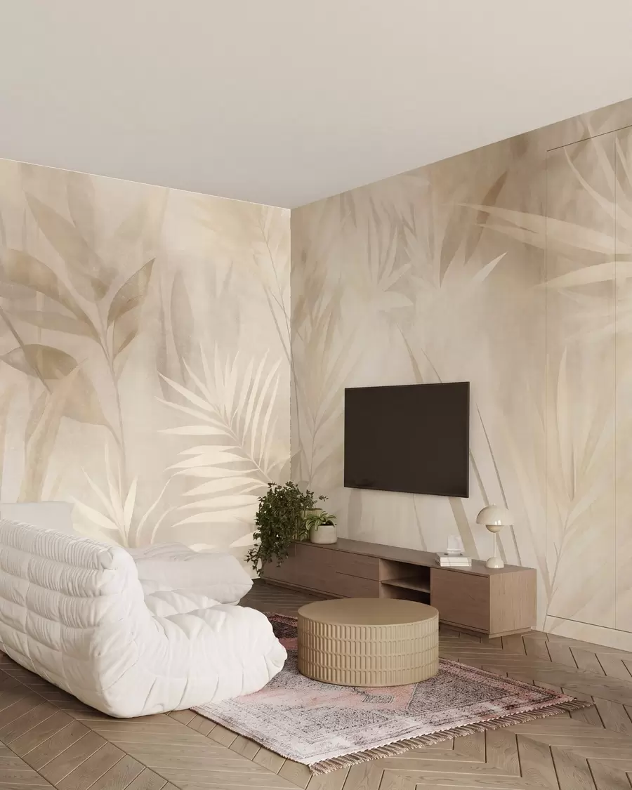 Papier peint Feuilles de palmier dans des tons beiges et crème discrets, sur un fond doux, jungle tropicale w10023