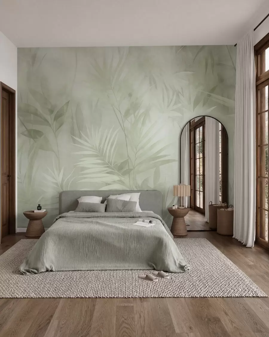 Papier peint Des feuilles de palmier aux nuances de vert discrètes, sur un fond doux, dans une jungle tropicale w10023v1