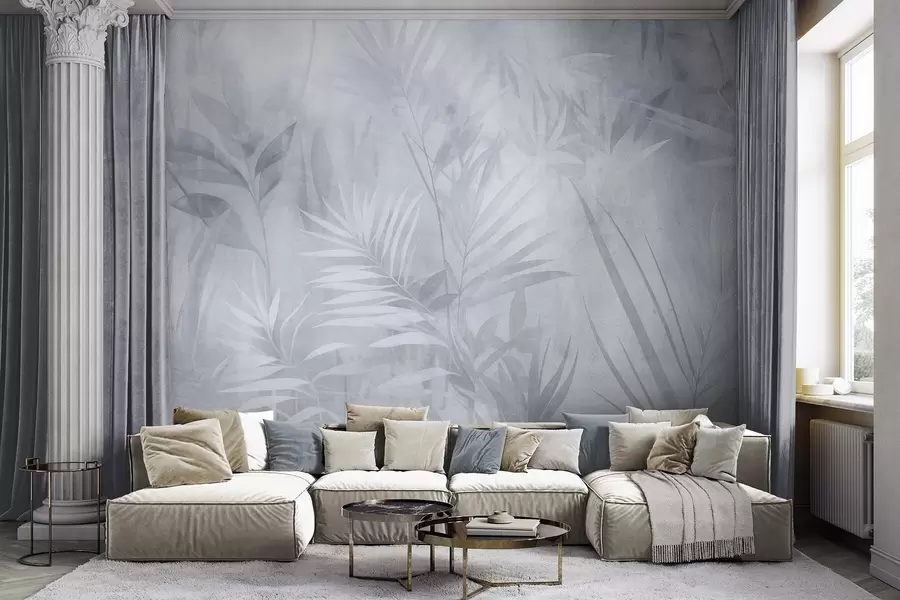 Papier peint Feuilles de palmier dans des tons bleus discrets, sur un fond doux, jungle tropicale w10023v2