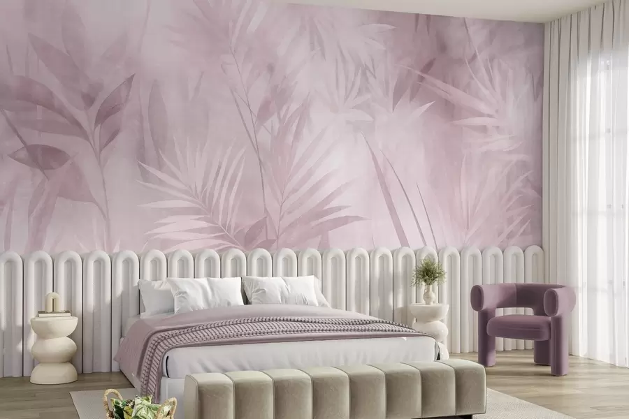 Papier peint Des feuilles de palmier aux nuances de rose pâle, sur un fond doux, dans une jungle tropicale w10023v3