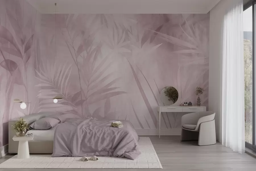 Papier peint Des feuilles de palmier aux nuances de rose pâle, sur un fond doux, dans une jungle tropicale w10023v3