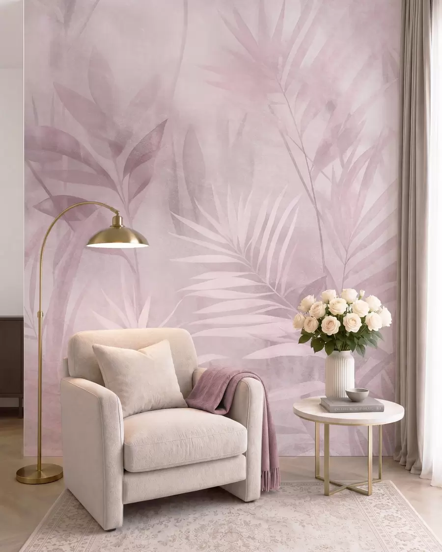 Papier peint Des feuilles de palmier aux nuances de rose pâle, sur un fond doux, dans une jungle tropicale w10023v3