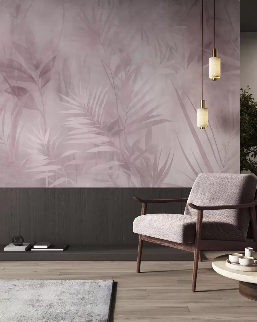 Papier peint Des feuilles de palmier aux nuances de rose pâle, sur un fond doux, dans une jungle tropicale w10023v3