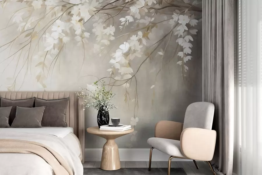 Papier peint Une branche de cerisier délicate, ornée de fleurs blanches et de feuilles, style peinture w10024