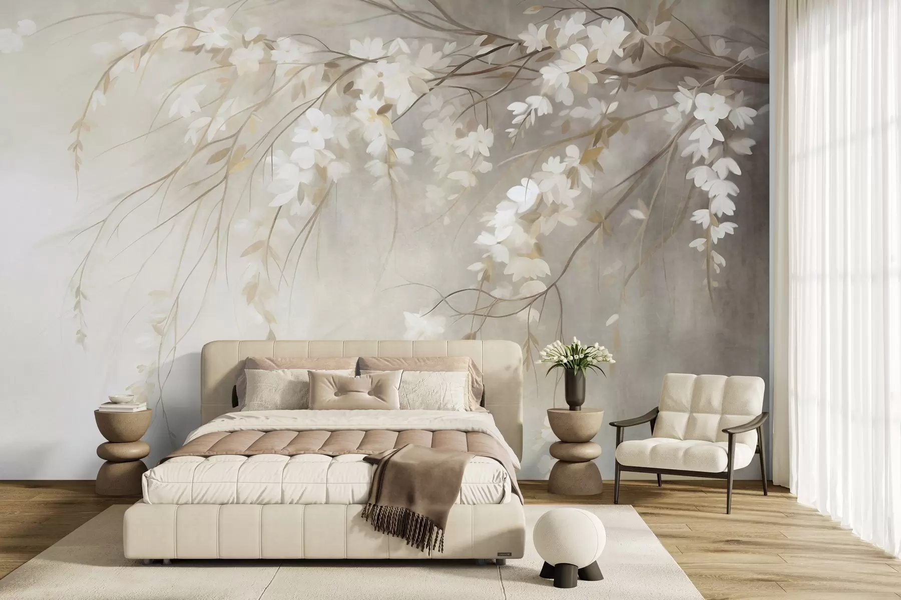 Papier peint Une branche de cerisier délicate, ornée de fleurs blanches et de feuilles, style peinture w10024