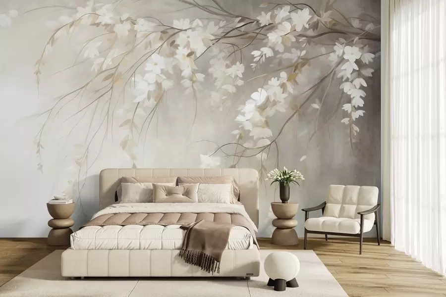 Papier peint Une branche de cerisier délicate, ornée de fleurs blanches et de feuilles, style peinture w10024
