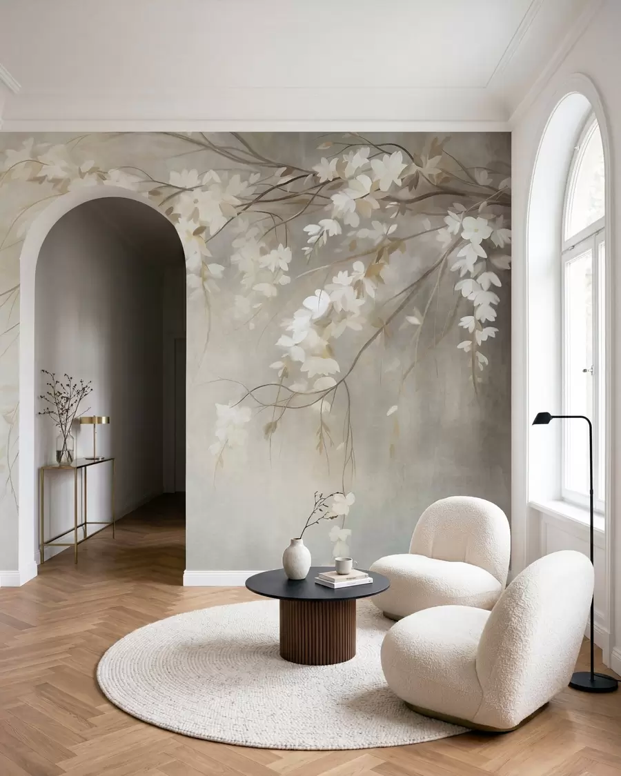 Papier peint Une branche de cerisier délicate, ornée de fleurs blanches et de feuilles, style peinture w10024