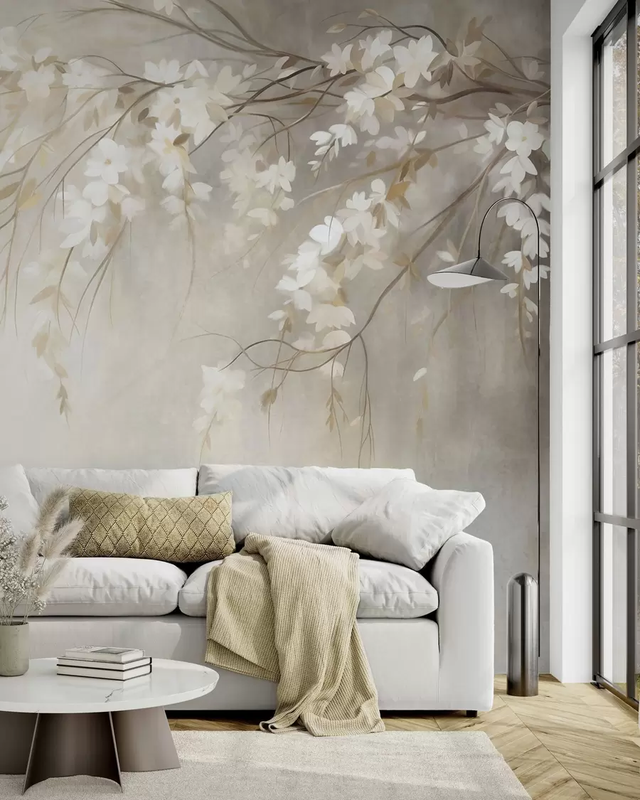Papier peint Une branche de cerisier délicate, ornée de fleurs blanches et de feuilles, style peinture w10024
