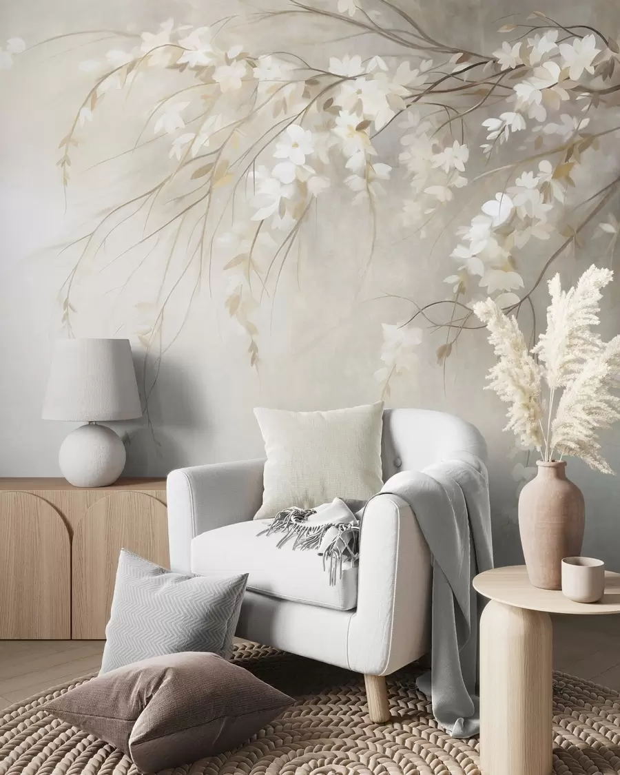 Papier peint Une branche de cerisier délicate, ornée de fleurs blanches et de feuilles, style peinture w10024
