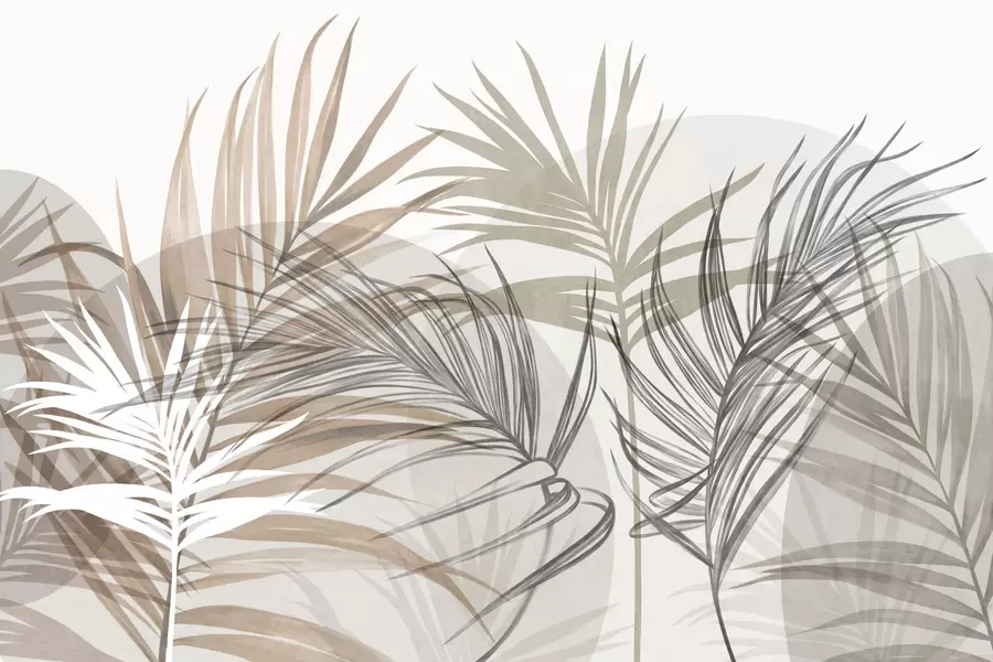 Papier peint Des feuilles de palmier dans des tons neutres de beige, marron et gris, aux formes abstraites w10025