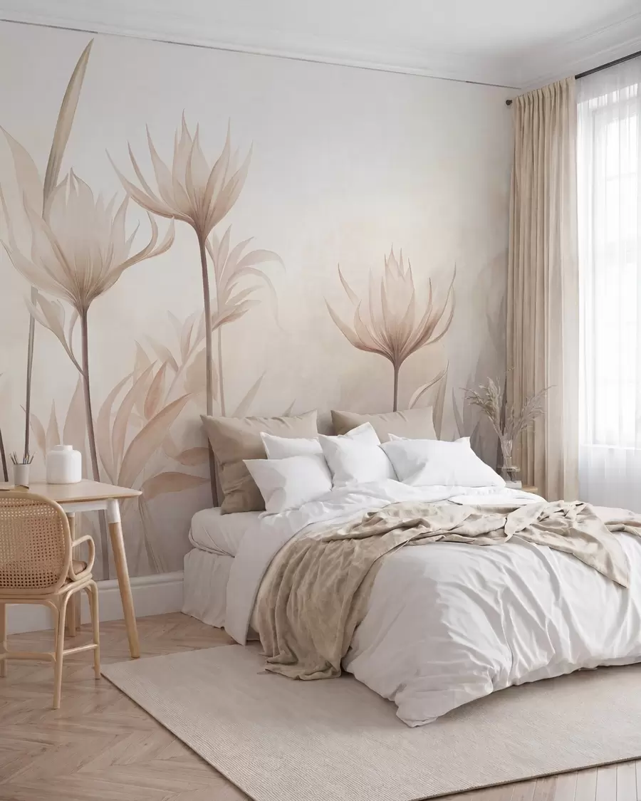 Papier peint Fleurs translucides aux textures variées, dans des tons doux de pêche et de beige, dotées de longues tiges et de feuillage w10028