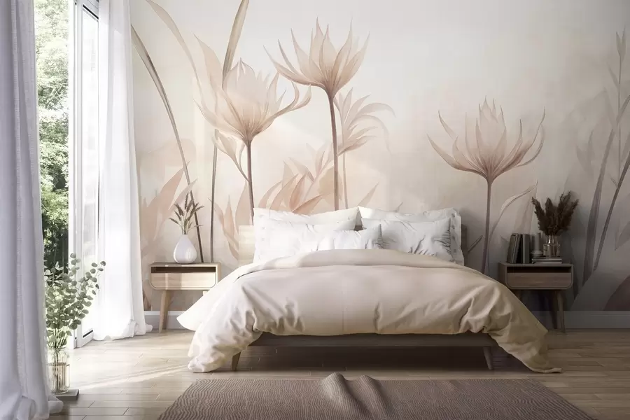 Papier peint Fleurs translucides aux textures variées, dans des tons doux de pêche et de beige, dotées de longues tiges et de feuillage w10028