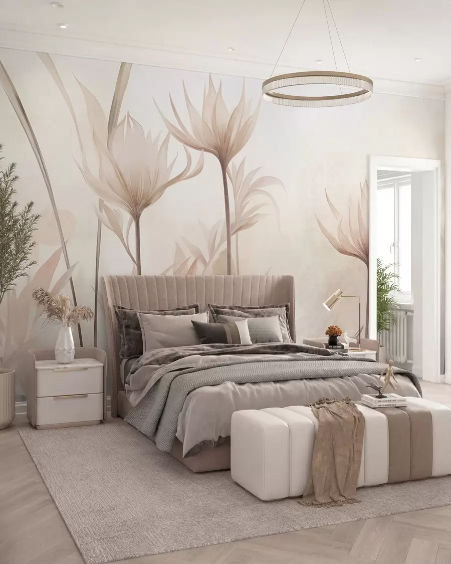 Papier peint Fleurs translucides aux textures variées, dans des tons doux de pêche et de beige, dotées de longues tiges et de feuillage w10028