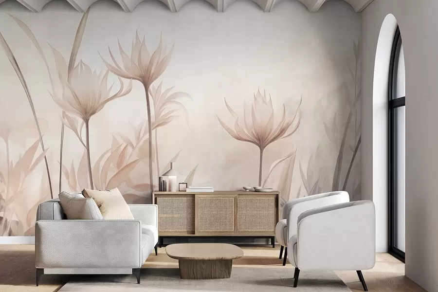 Papier peint Fleurs translucides aux textures variées, dans des tons doux de pêche et de beige, dotées de longues tiges et de feuillage w10028
