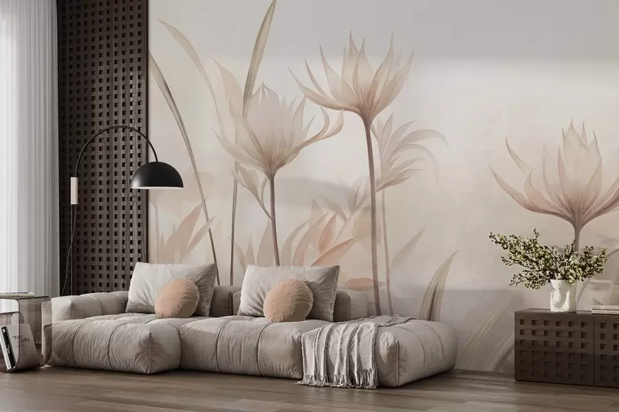 Papier peint Fleurs translucides aux textures variées, dans des tons doux de pêche et de beige, dotées de longues tiges et de feuillage w10028