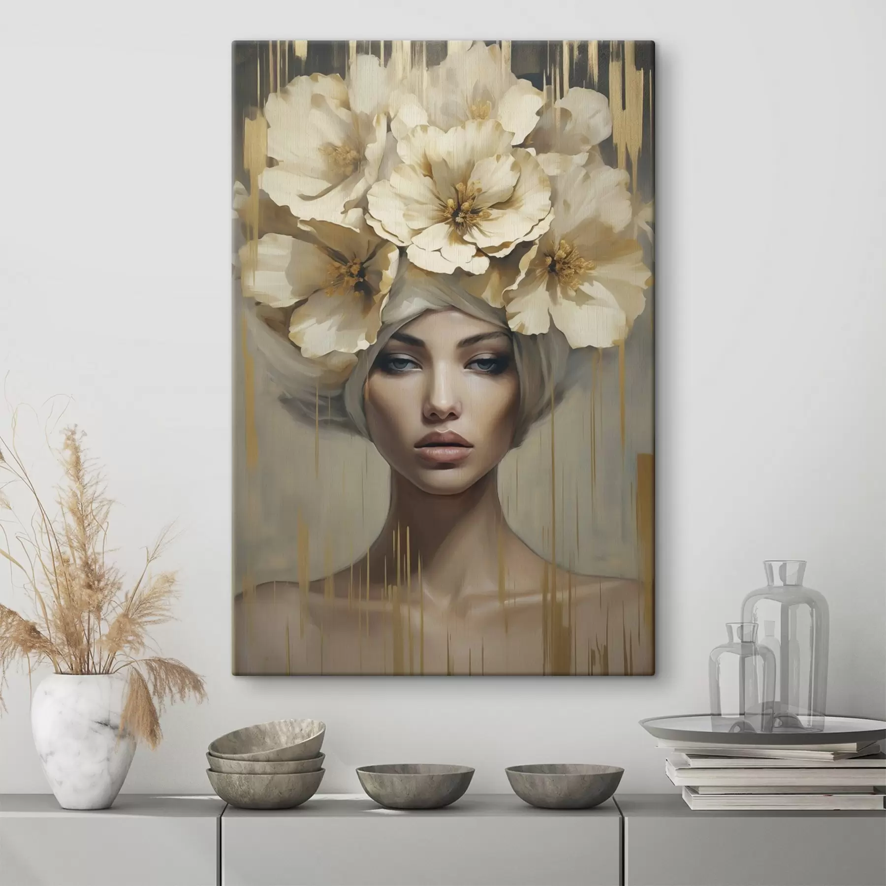 Tableau Femme abstraite avec des fleurs dans les cheveux, imitation d'un tableau s50381