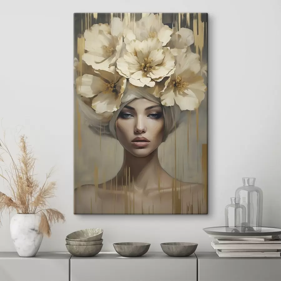 Tableau Femme abstraite avec des fleurs dans les cheveux, imitation d'un tableau s50381