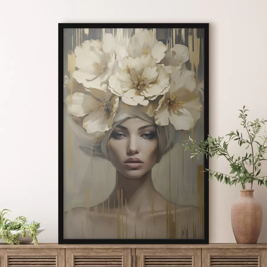 Papier peint Femme abstraite avec des fleurs dans les cheveux, imitation d'un tableau f50381