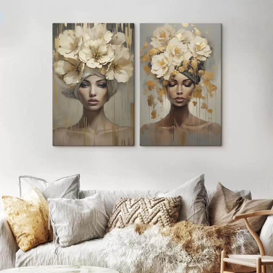 Tableau Femme abstraite avec des fleurs dans les cheveux, imitation d'un tableau m30898