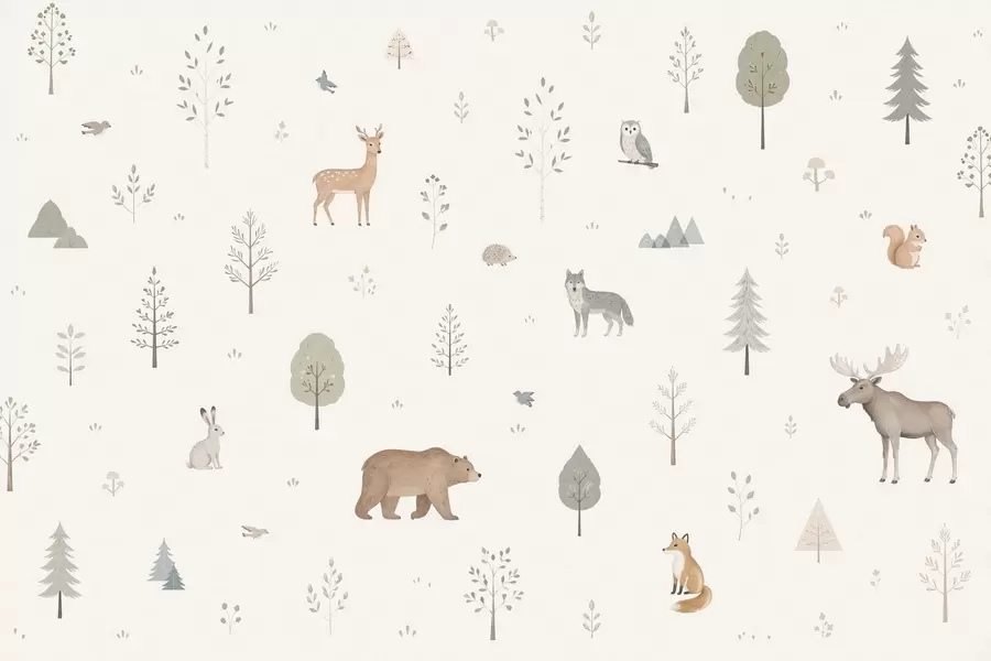 Papier peint Animaux de la forêt et arbres sur fond clair w05864