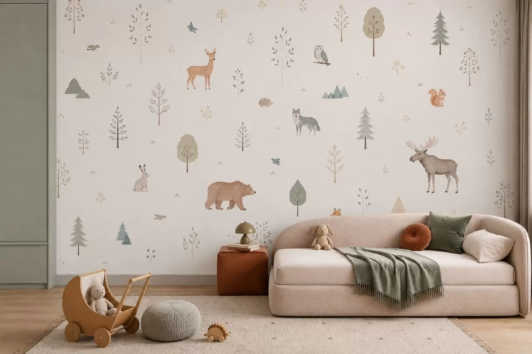 Papier peint Animaux de la forêt et arbres sur fond clair w05864