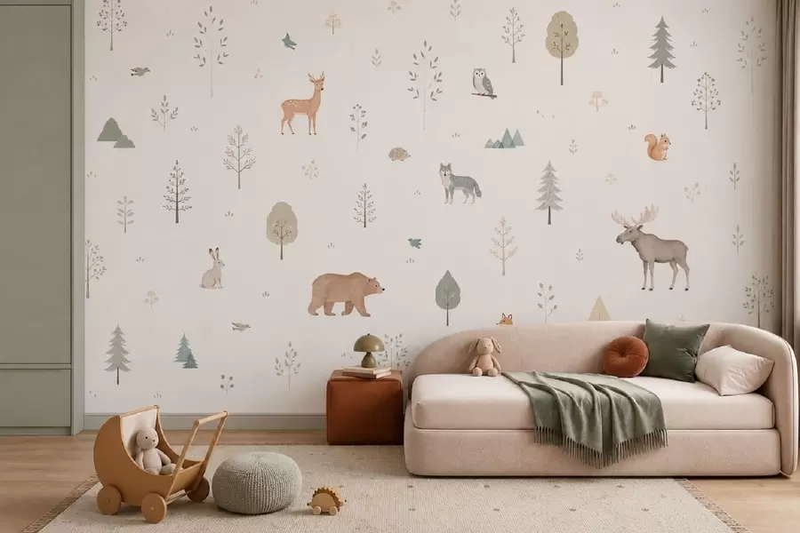 Papier peint Animaux de la forêt et arbres sur fond clair w05864