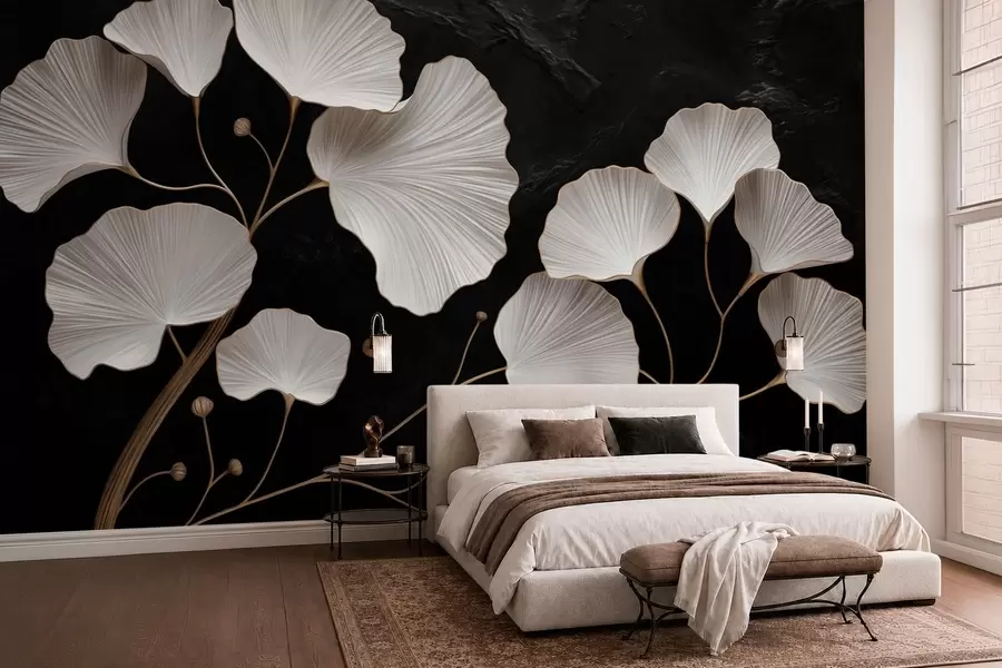 Papier peint Feuilles blanches en forme d'éventail sur fond noir w05860