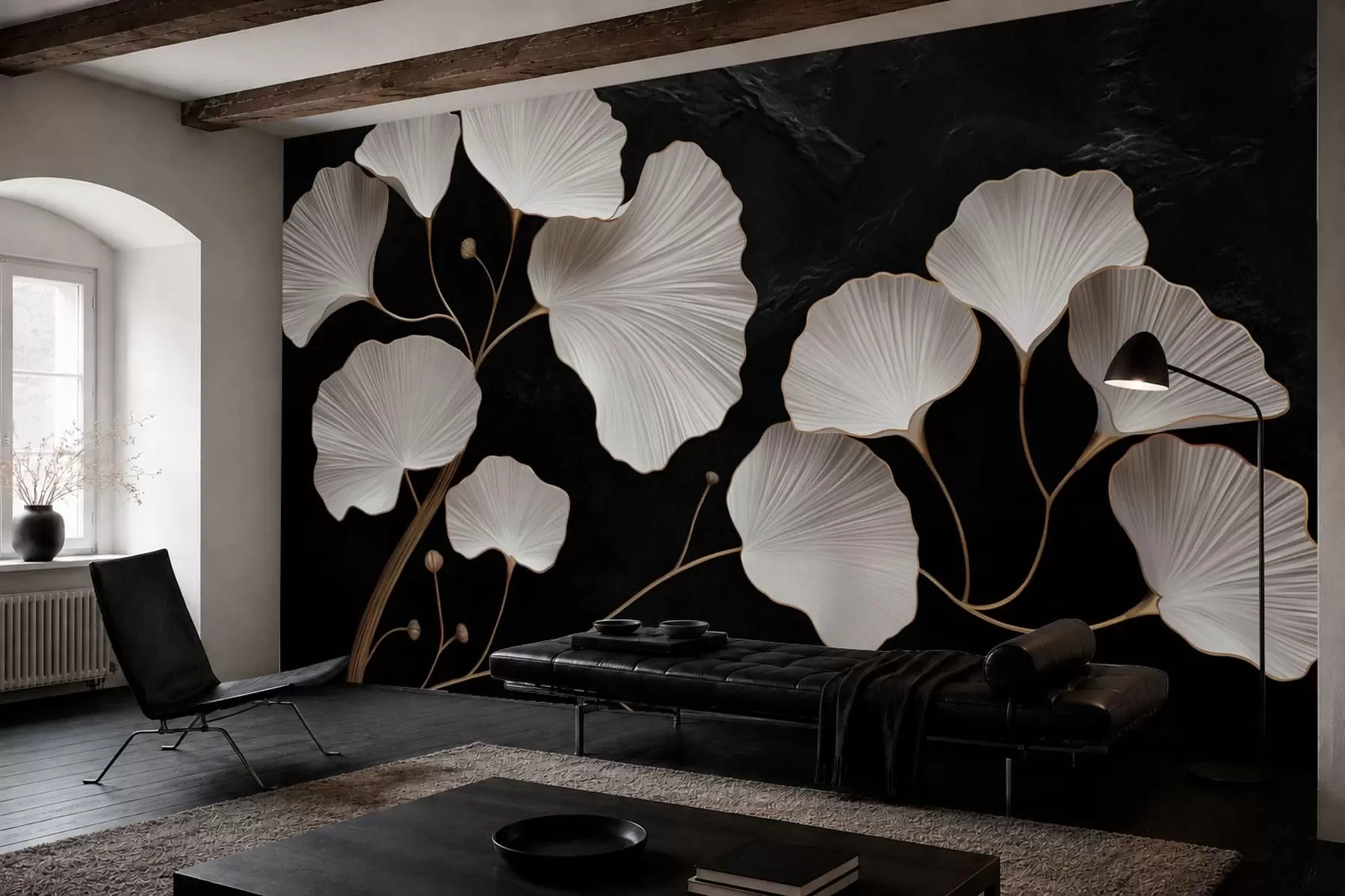 Papier peint Feuilles blanches en forme d'éventail sur fond noir w05860