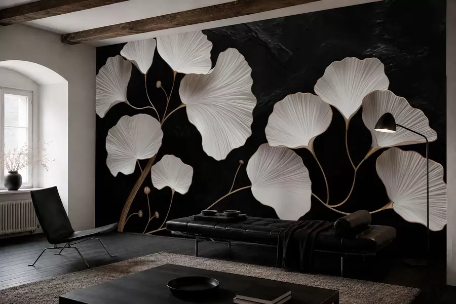 Papier peint Feuilles blanches en forme d'éventail sur fond noir w05860